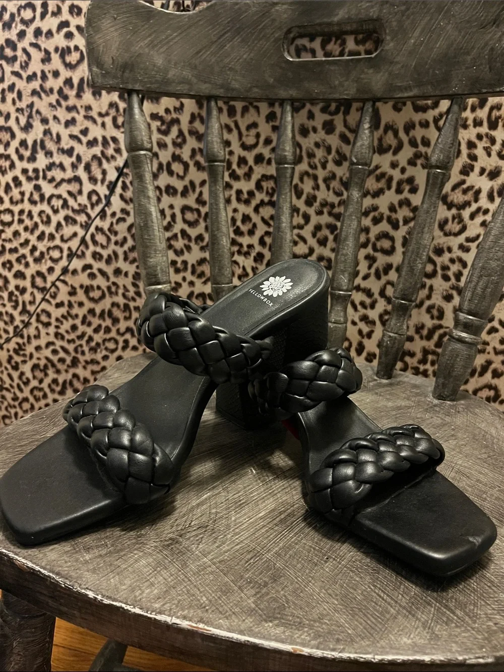 Black Braided Strap Block Heel Sandals